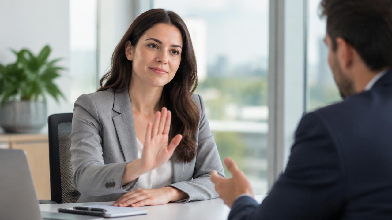A calm professional politely declining with an open hand gesture