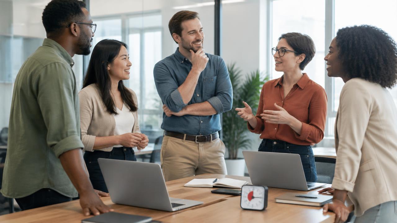 A team standing around a table for a quick standup with a visible timer