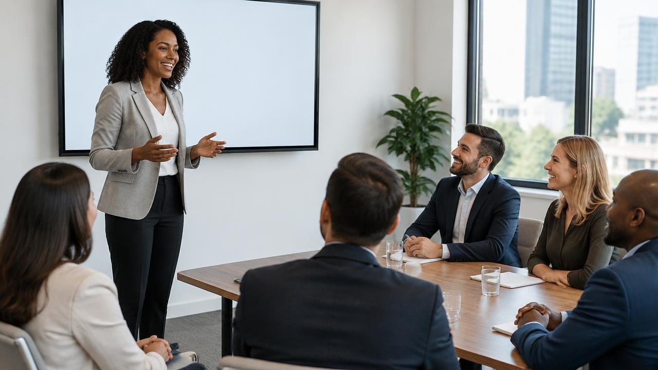 A person presenting with a clean, simple slide to a smiling audience